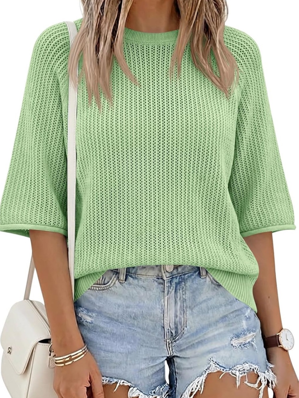 Saodimallsu Womens Short Sleeve Sweaters Crochet Knit Green. Size S